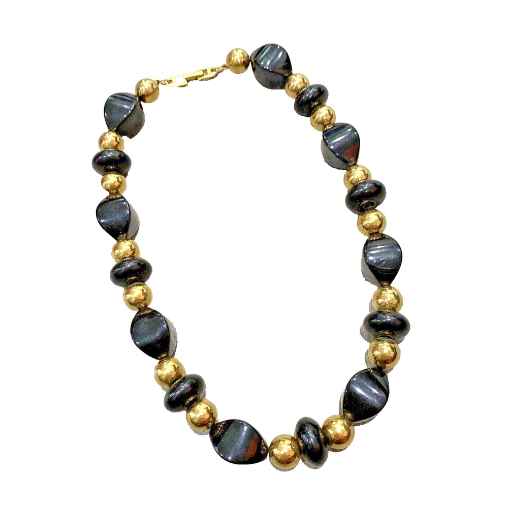 Vintage Napier Black Acrylic & Goldtone Beaded Necklace Chunky 80s Choker Collar